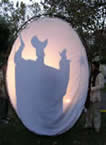 Shadow of a person with arms upraised in an oval screen