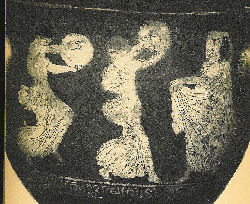 Ancient Greek vase painting of bacchantes dancing