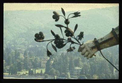 Detail of a garden sculpture, hand holding a small branch, Lake Maggiore, Italy