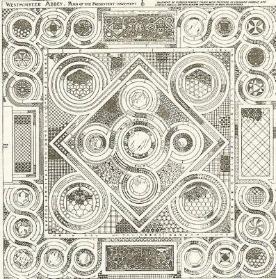 Technical drawing of floor tiles set in a labyrinth pattern
