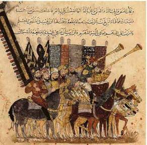 Medieval horsemen blowing horns